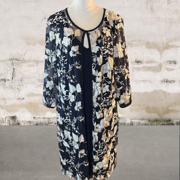 Connected NWT Women's Embroidered Split Overlay 3/4-Sleeve Dress Size 16 - Picture 1 of 5